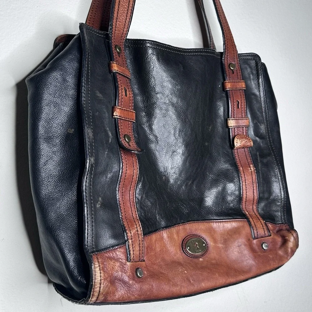 Fossil Long Live Vintage Leather Tote, Blk/Brown Leather‎